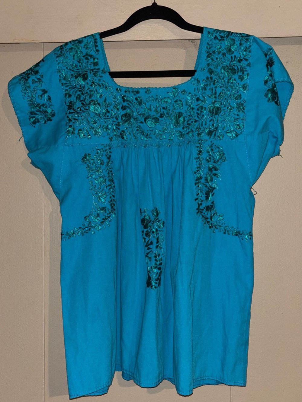 Embroidered Cotton Peasant Top - Turquoise
